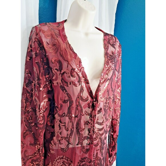 Women Sequin Mesh Front Open Full Long Maxi Duster Burgundy Red Large - Picture 5 of 10